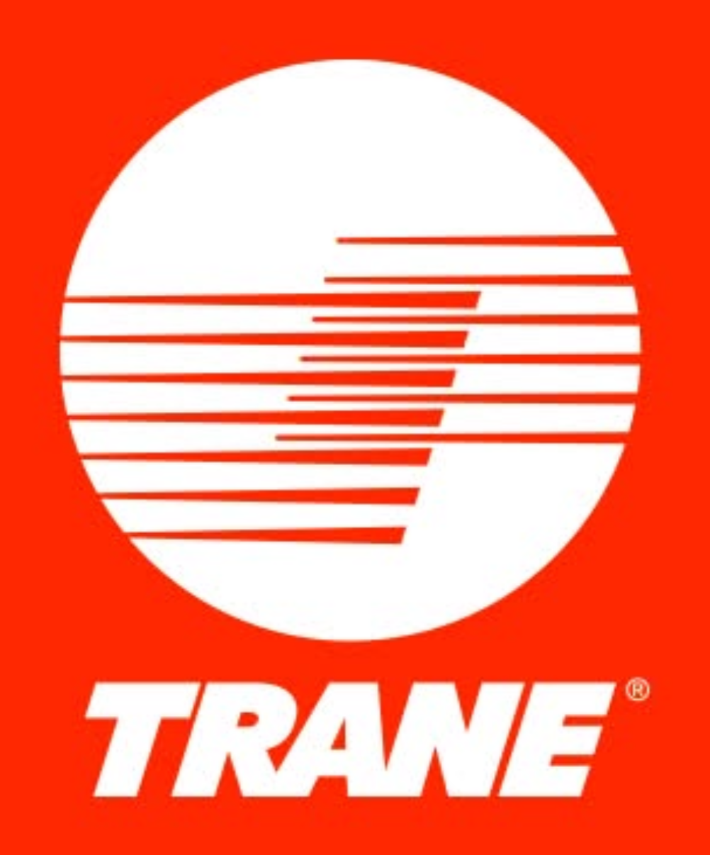 Trane logo: white circle with red horizontal lines and bold white TRANE text on red background