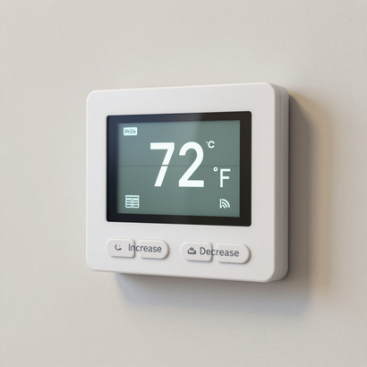 Hand adjusting a round smart thermostat on a wall in a bright modern home