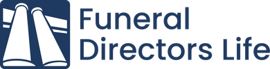 Funeral Directors Life logo with white columns on a blue square and navy text on white background