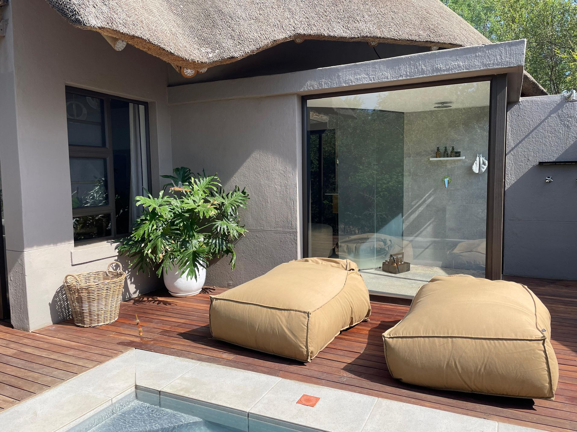 Patio with pool, two tan beanbag chairs, and a glass-walled shower under a thatched roof.