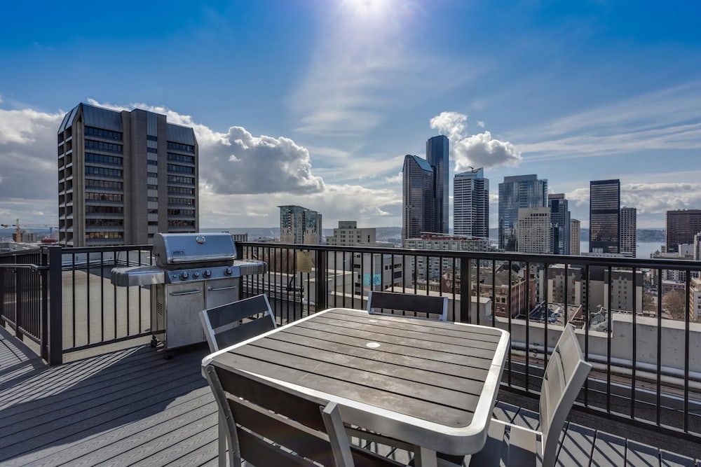 Rooftop Patio With Table, Chairs, Grill, and City Skyline View — Unique Waterproofing Solutions in North Rocks, NSW