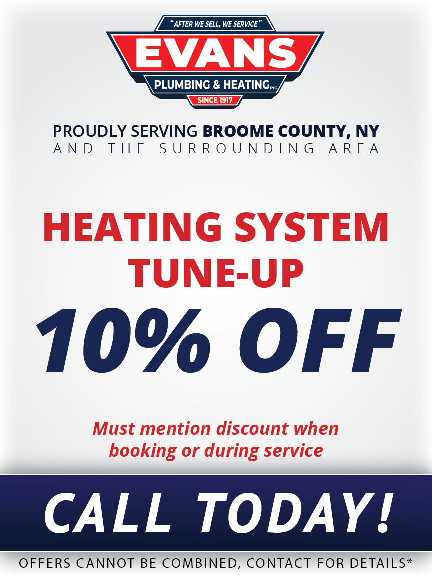 Promotional ad for Evans Plumbing & Heating in Broome County, NY, offering 10% off a heating system tune-up.