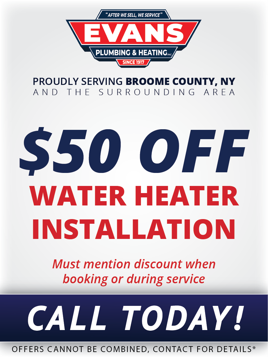 A promotional ad for Evans Plumbing & Heating offering $50 off a water heater installation in Broome County, NY.