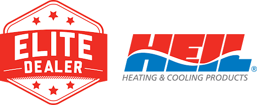 A red and blue logo for heating and cooling products