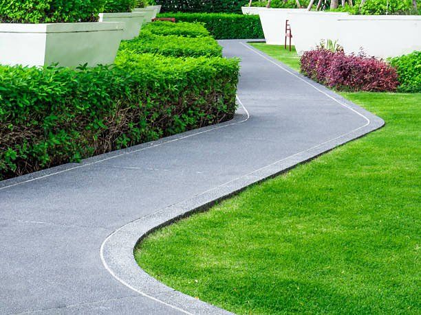 A custom curved concrete sidewalk installation winding through beautiful residential landscaping in Summerville, SC.
