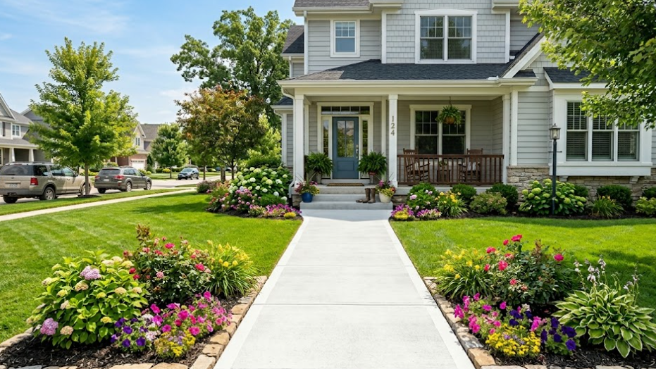 A grey two-story house with a blue front door, a front porch, and a concrete finished walkway bordered by colorful flowers.