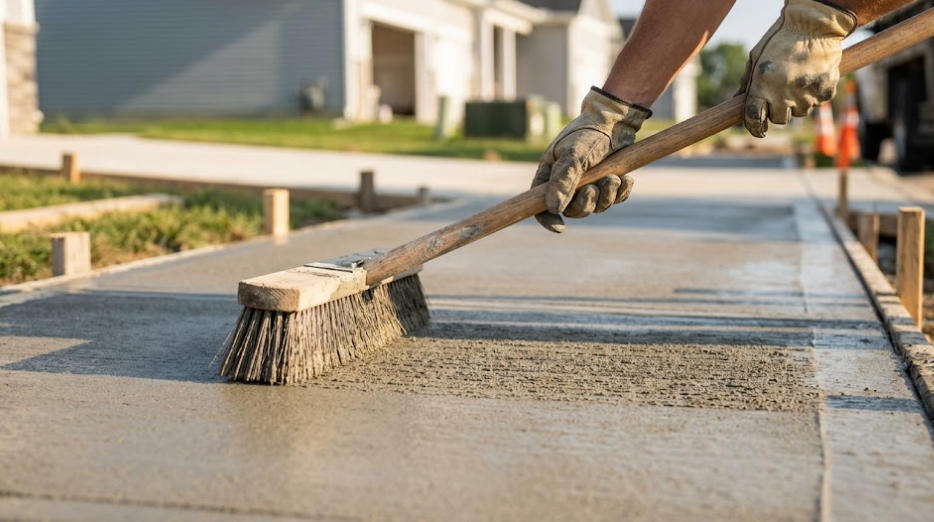 A person wearing work gloves uses a broom to create a textured, brushed concrete finish on a newly poured concrete sidewalk in Summerville.