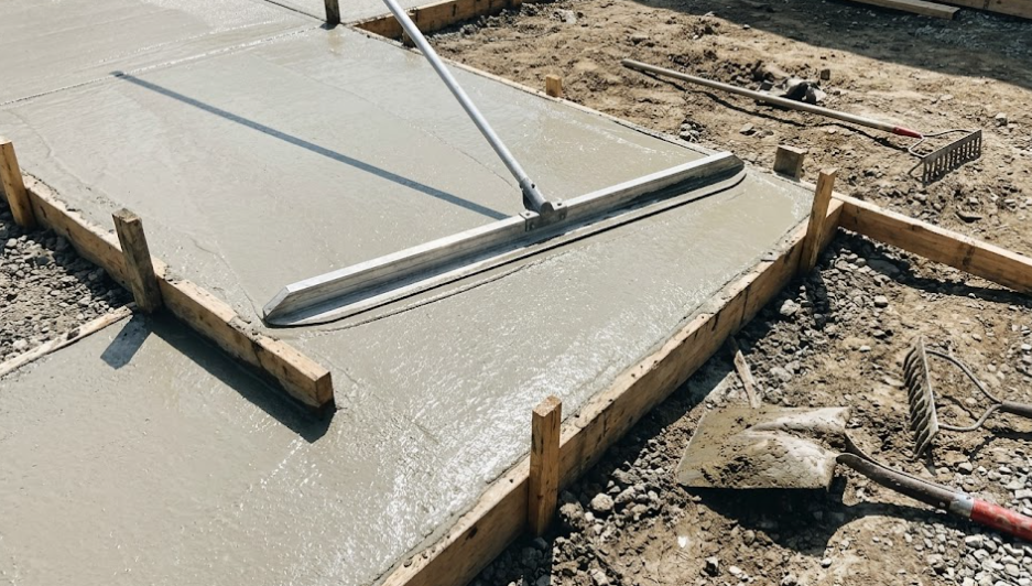 Professional concrete contractors in Summerville are using a bull float to smooth out wet concrete on a new driveway.