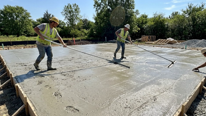 Professional concrete contractors pouring and smoothing a large foundation slab.
