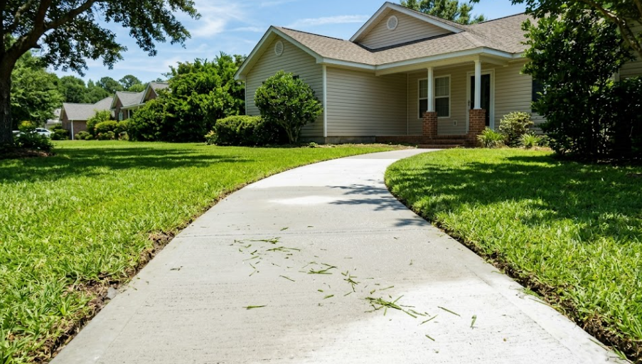 A freshly installed concrete sidewalk leading to a residential home in Summerville SC.