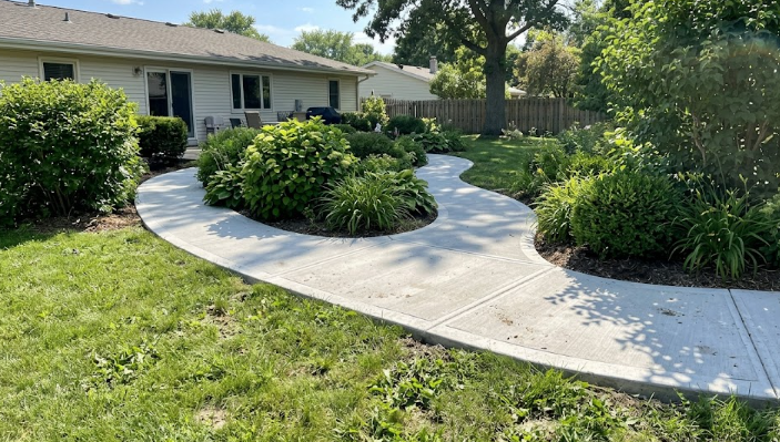 A smooth and safe residential concrete walkway winding through a garden.