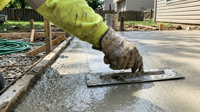 A professional contractor applying a smooth trowel finish to a concrete patio.