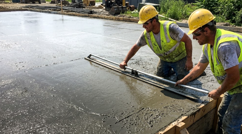 Commercial concrete contractor smoothing a new building foundation