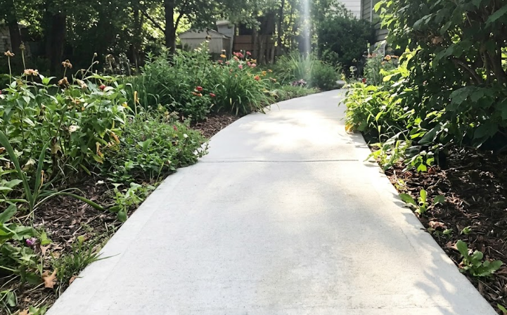 Clean and level concrete walkway winding through a beautifully landscaped garden.
