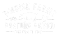 Black-and-white farm logo with cow, pig, and chicken; text reads "Pasture Raised" and "Farmhouse Farmers"