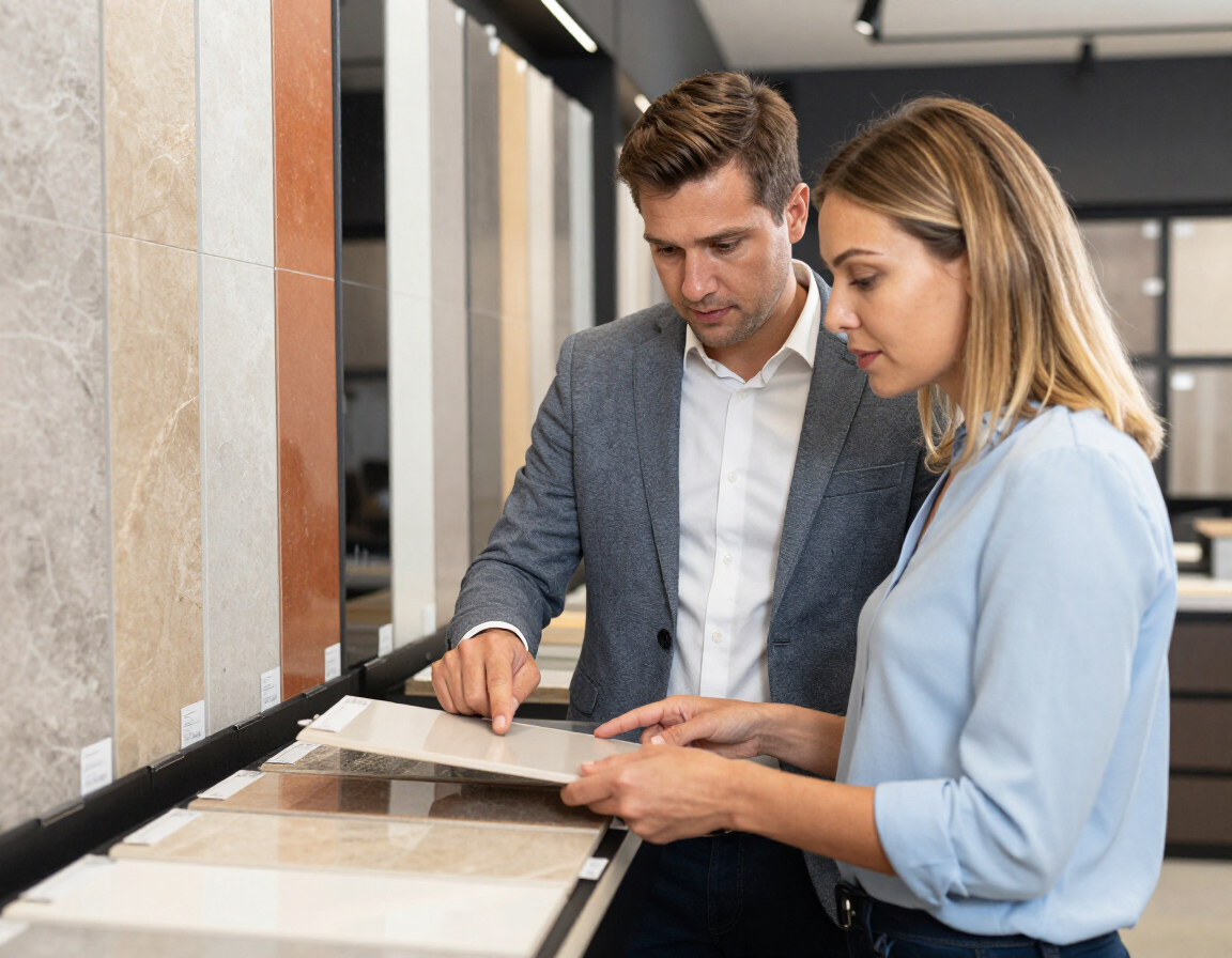 Designer and homeowners reviewing material samples