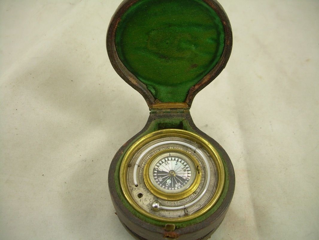 Open green case holding a small compass on a white background