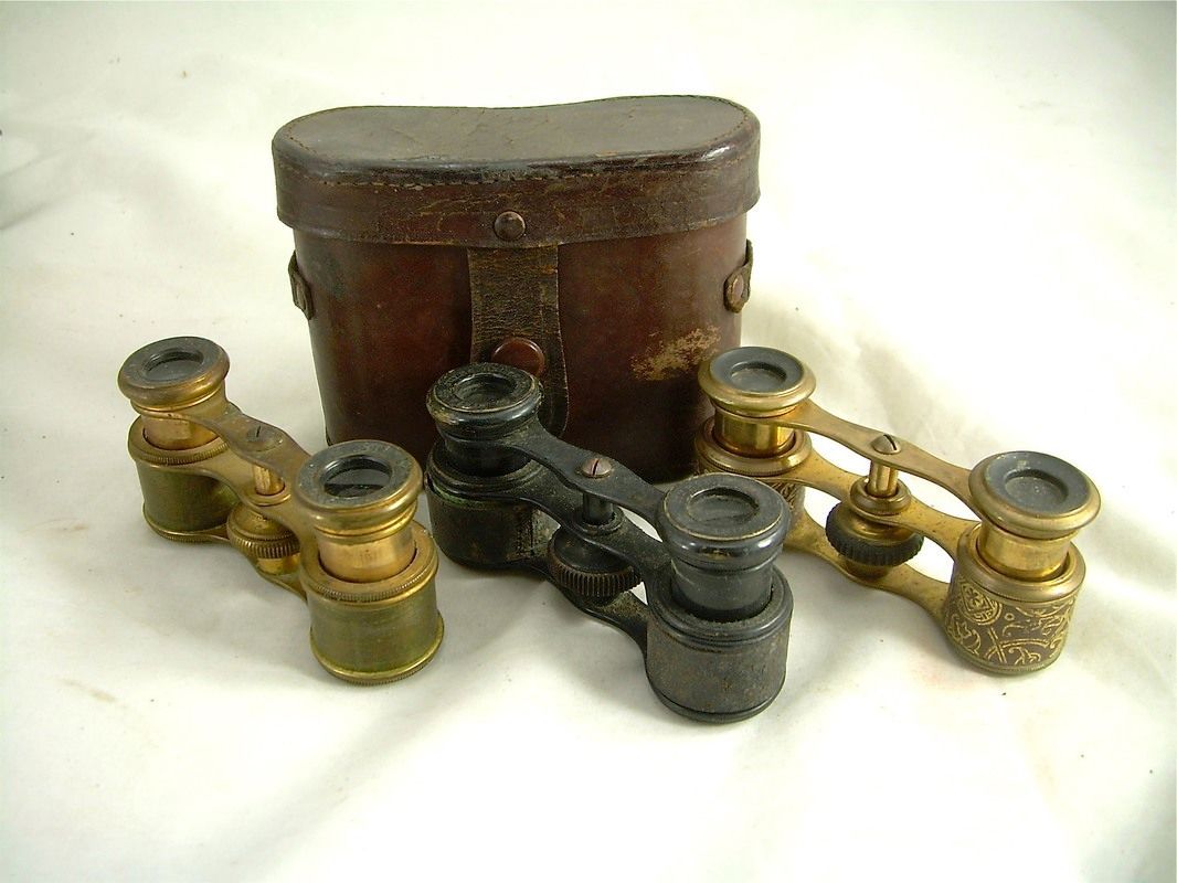 Vintage binoculars and a brown leather case on a white background