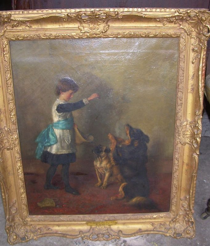 Framed painting of a child in blue gesturing toward two dogs in a dim, brown-toned interior