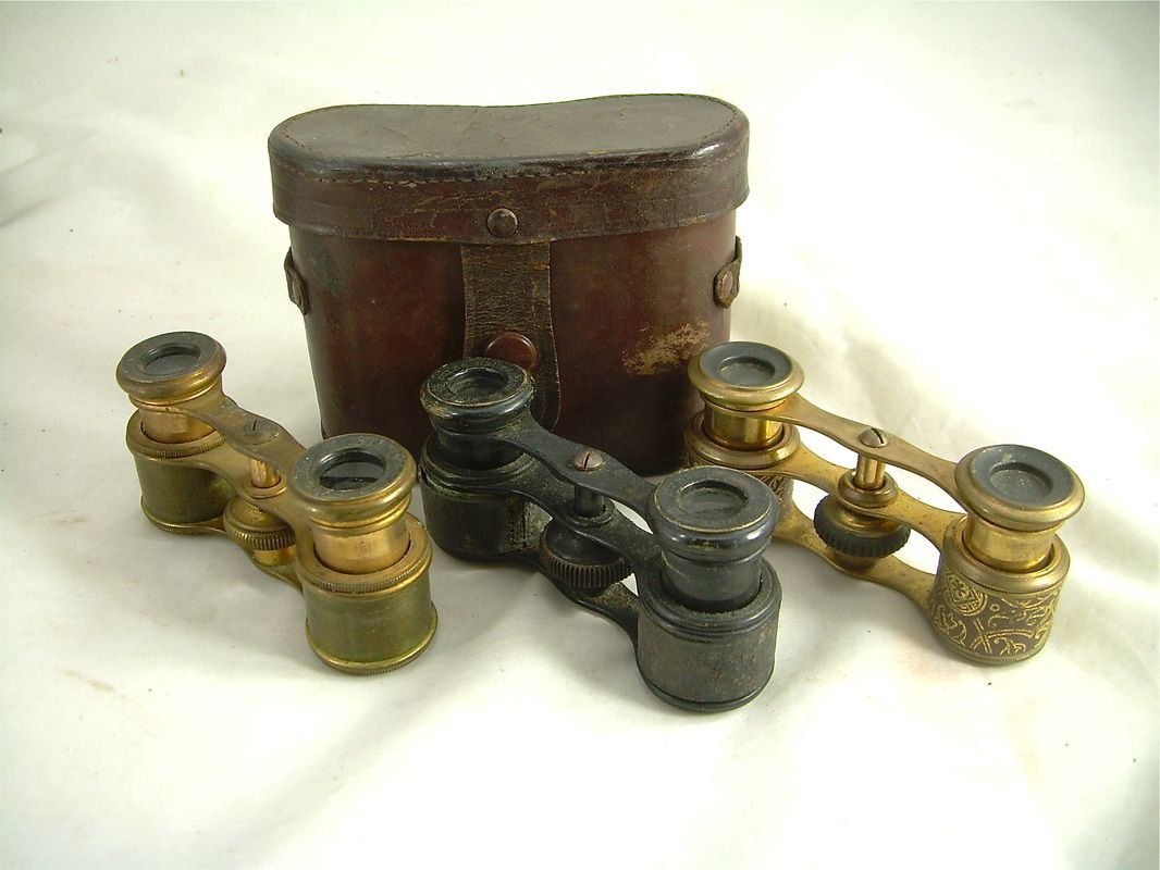 Antique brass binoculars and a brown leather case on a white background
