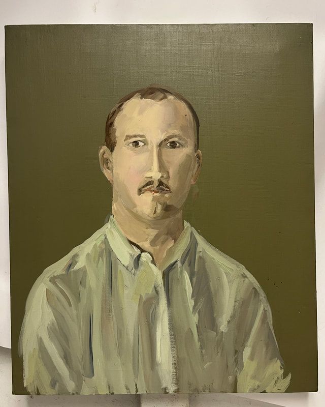 Painted portrait of a person in a light green shirt against an olive background.