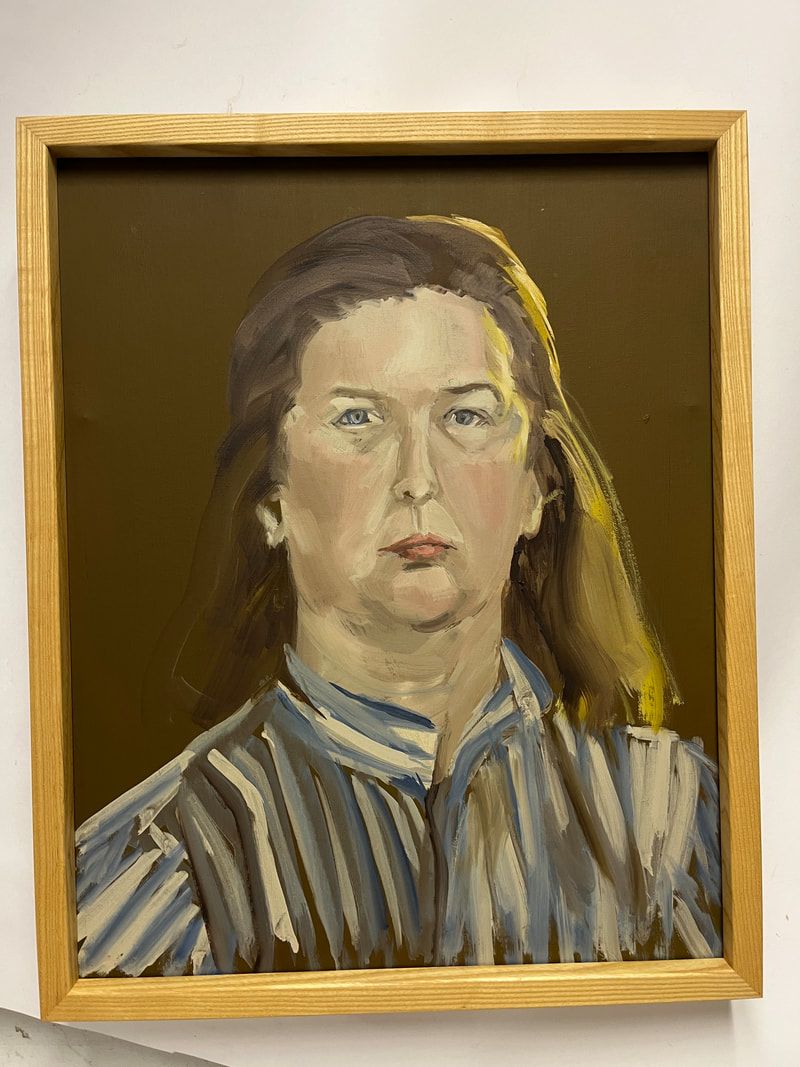 Framed portrait painting of a person in a striped shirt on a brown background