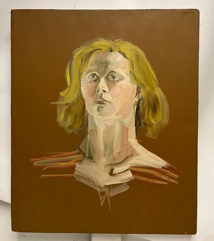 Abstract painted portrait of a blonde person on a brown background, facing forward with a neutral expression