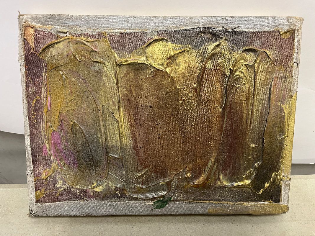 Abstract gold and brown textured painting with raised draped shapes on a light canvas background