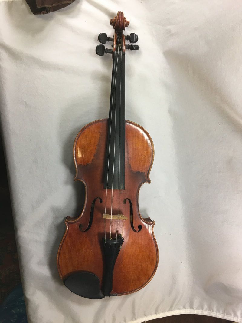 Brown violin with black fingerboard and chin rest on a white cloth background