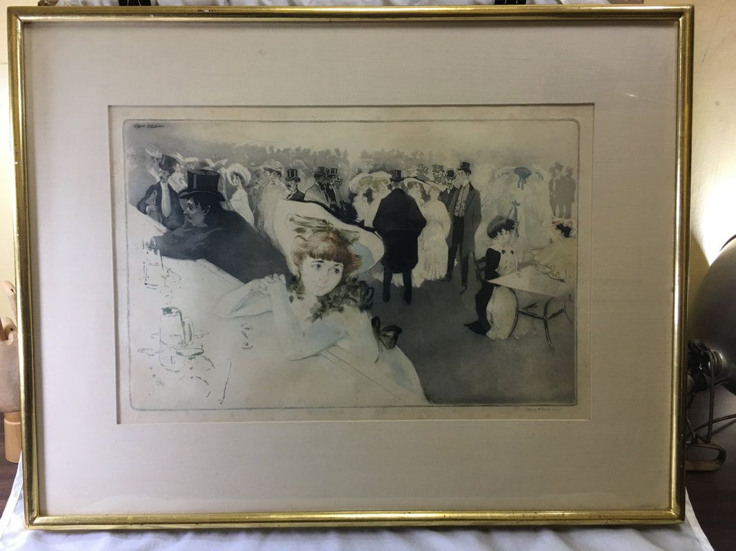 Framed black-and-white sketch of people in a snowy outdoor scene