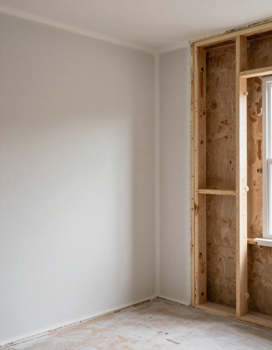 Interior rebuild in progress — new drywall and trim on one side, exposed framing on the other