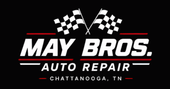 May Bros. Auto Repair logo with checkered flags and Chattanooga, TN text on a black background