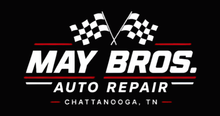 May Bros. Auto Repair logo with checkered flags and Chattanooga, TN text on a black background