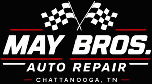 May Bros. Auto Repair logo with checkered flags and “Chattanooga, TN” on black background