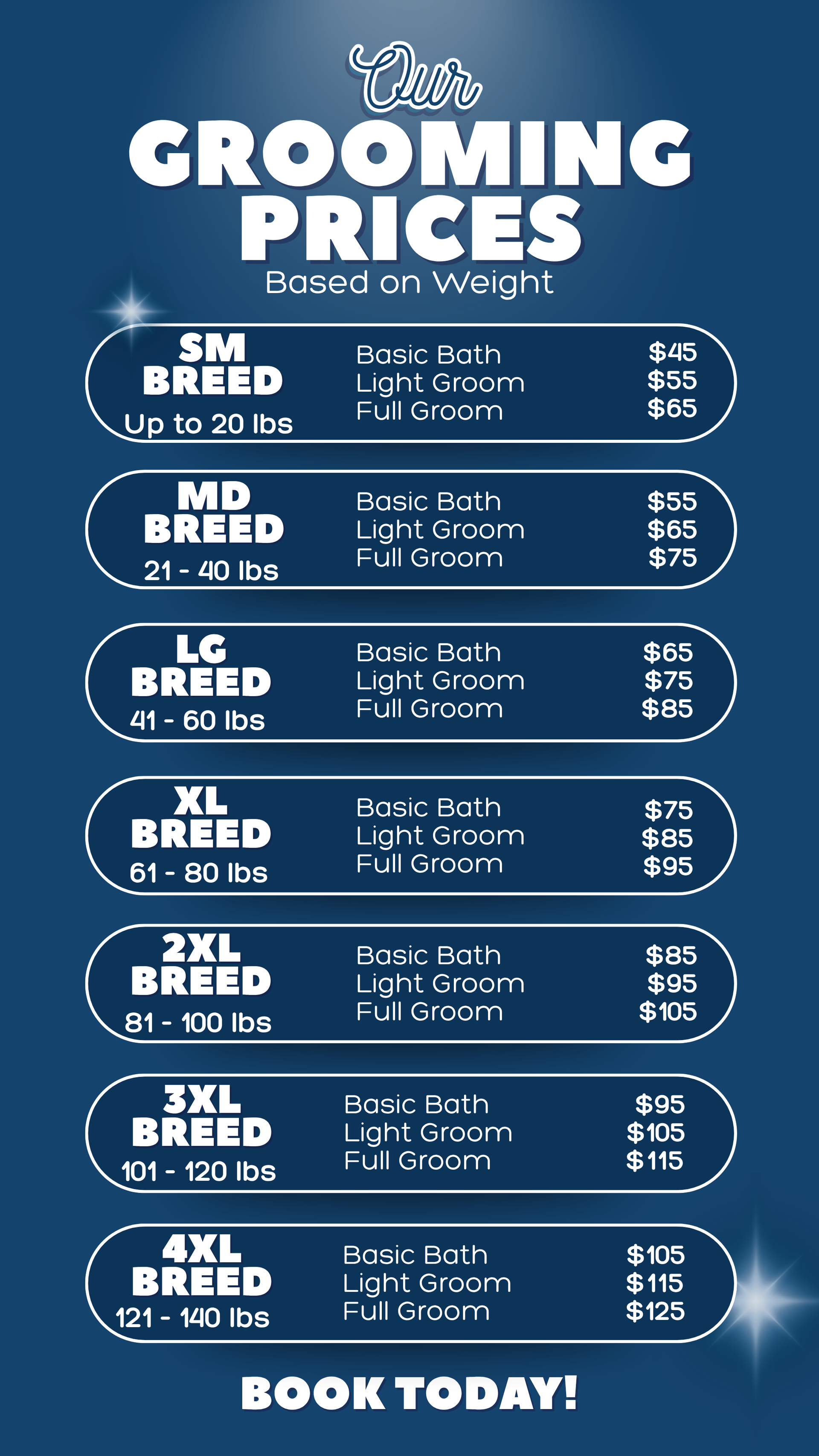 Grooming prices chart on Midwest Dog Center Page