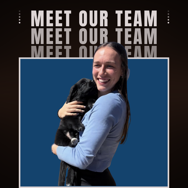 Woman holding a black dog in front of  “MEET OUR TEAM” text