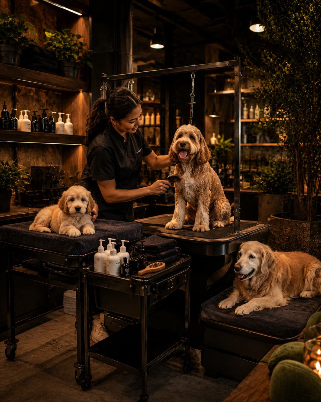 Dogs being groomed on tables in a warmly lit pet salon with shelves and plants