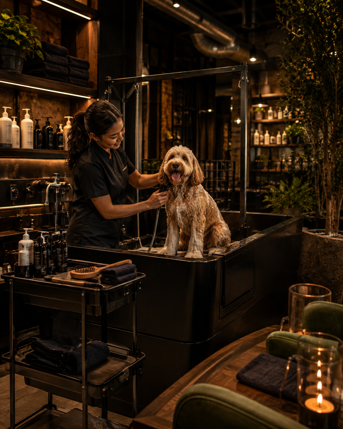 Dog being groomed in a cozy, dimly lit salon with warm shelves and candles.
