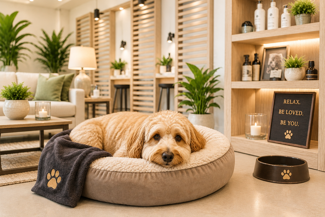 Golden dog resting in a round bed in a cozy, dimly lit pet spa with warm lamps and shelves in the background