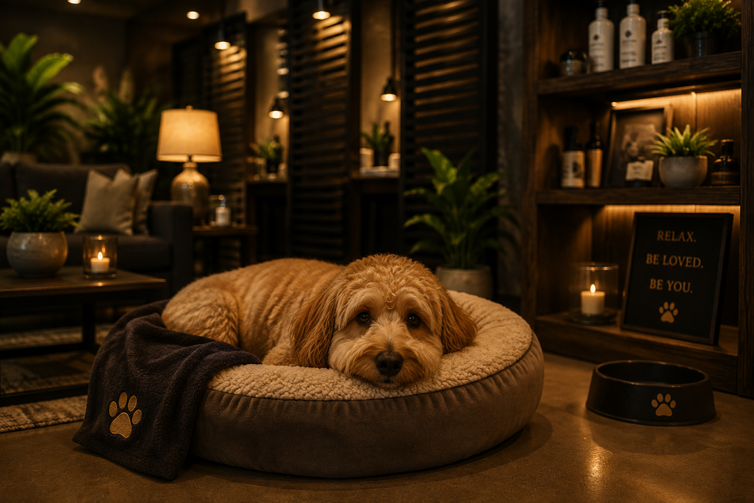 Golden dog resting in a round bed in a cozy, dimly lit pet spa with warm lamps and shelves in the background