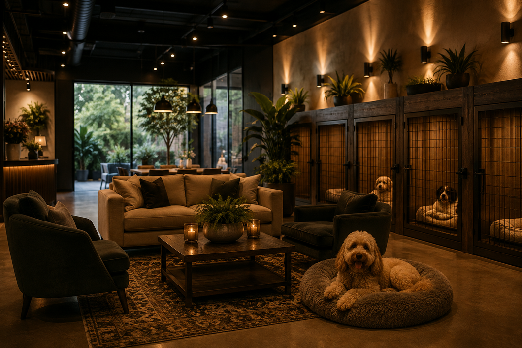 Cozy modern lounge with warm lighting, plush seating, plants, and a dog resting on a cushion by the fireplace.