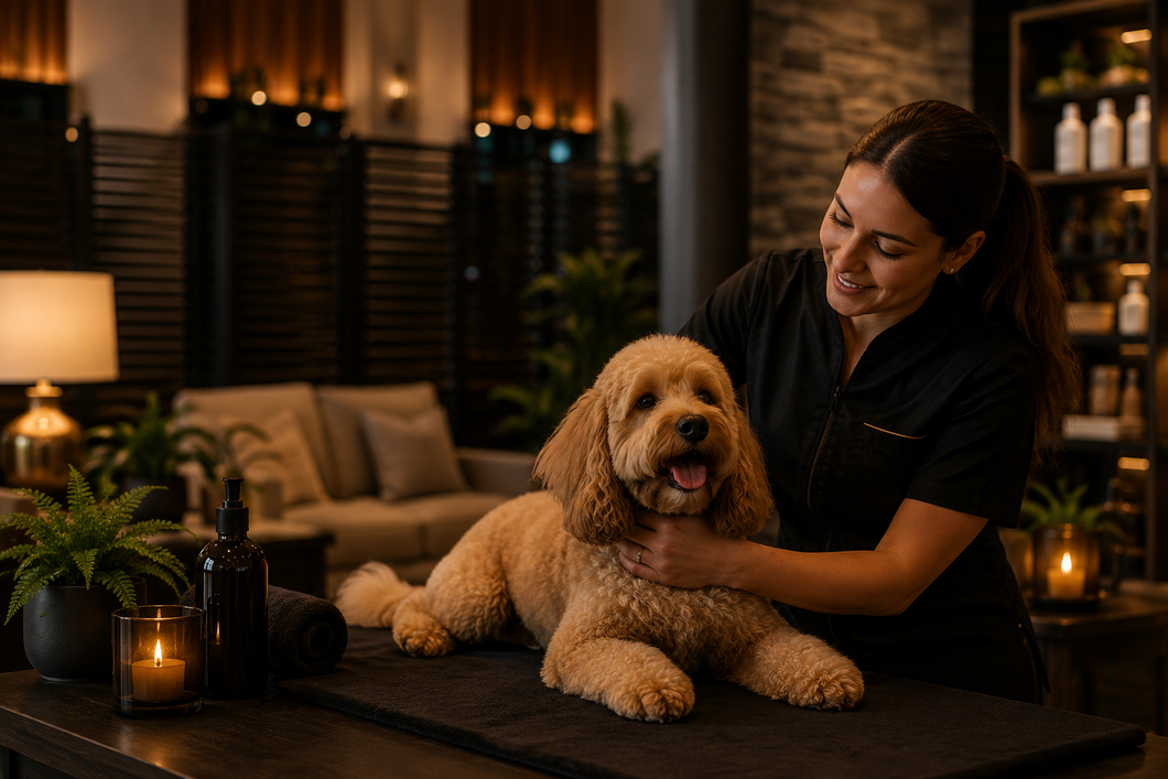 Smiling woman petting a fluffy golden dog on a dark counter in a warmly lit room