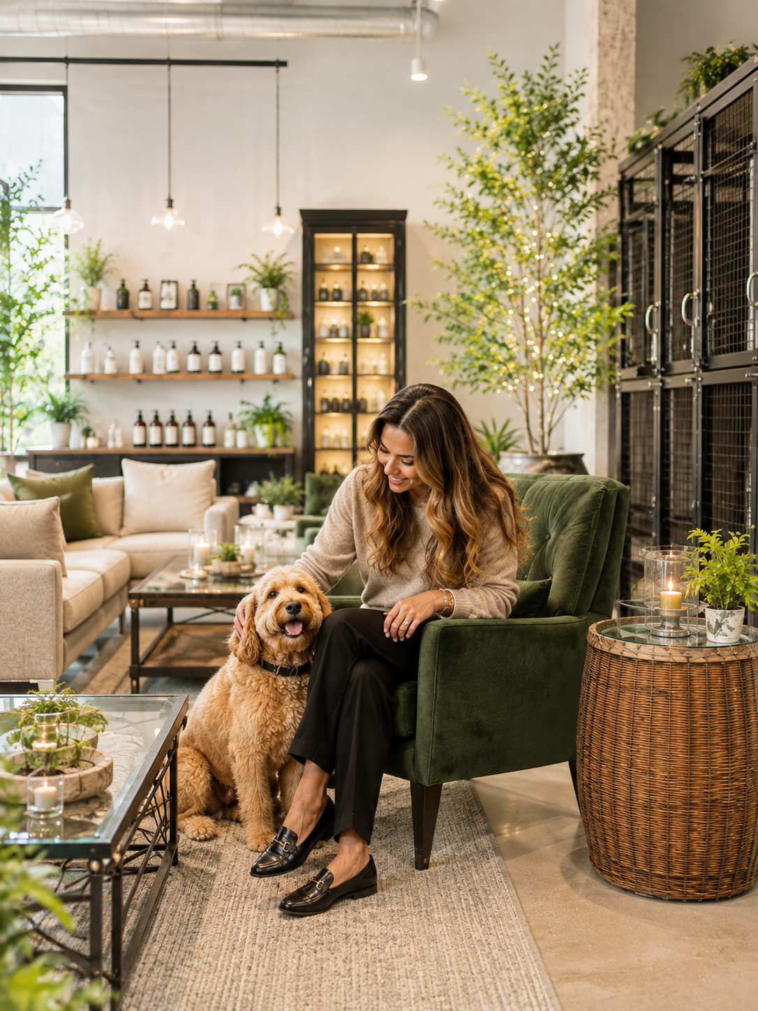 Woman seated with a dog in a warmly lit, elegant lounge with candles and festive decor