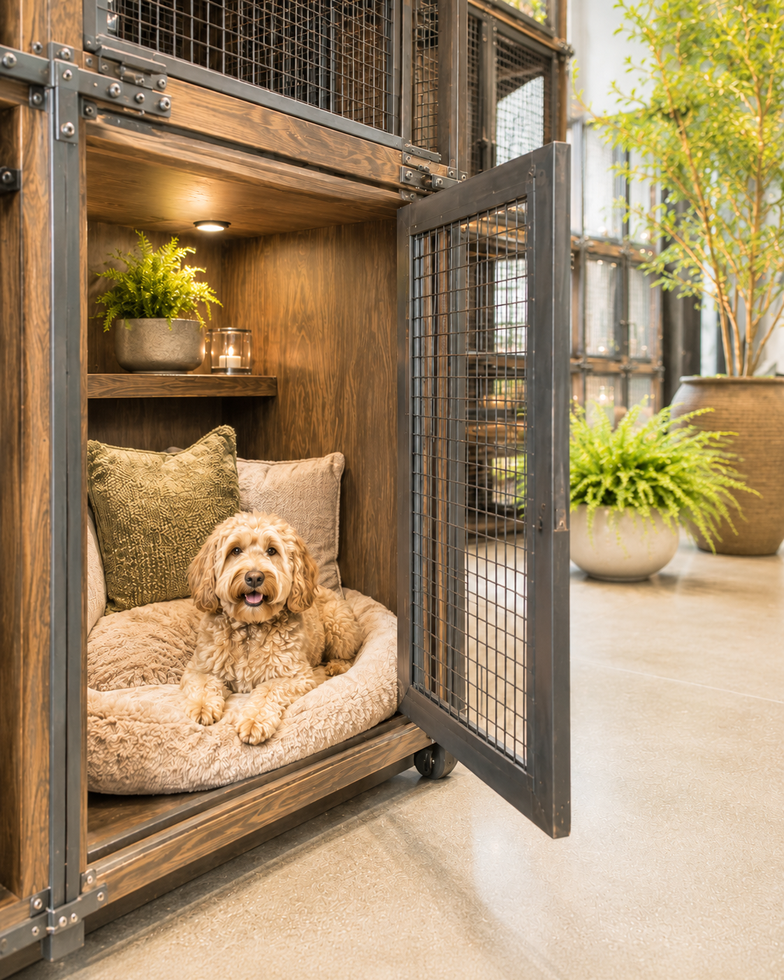 Small brown dog resting on a cushion inside a warmly lit wooden kennel with an open door.
