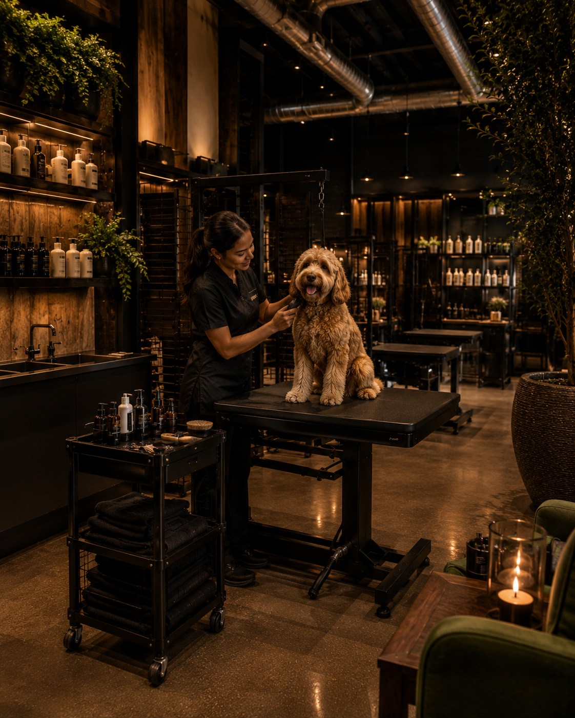 Small dog on grooming table while a stylist brushes it in a dim, warm-lit salon
