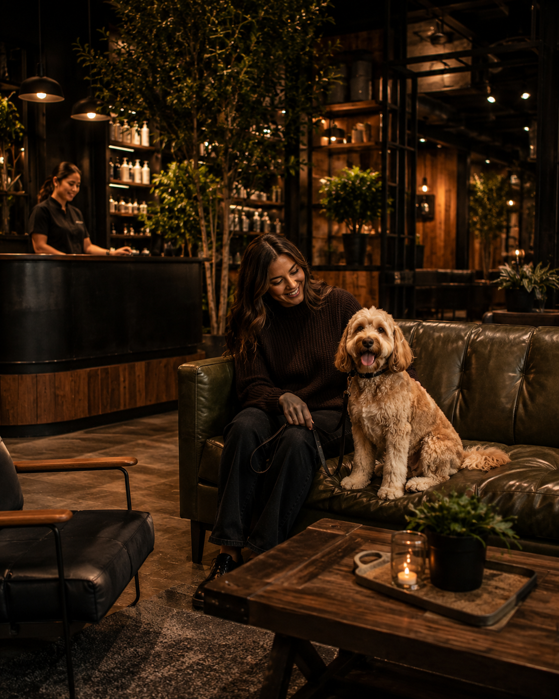 Woman sits with a dog on a leather couch in a dim, cozy lounge with warm lighting and plants.