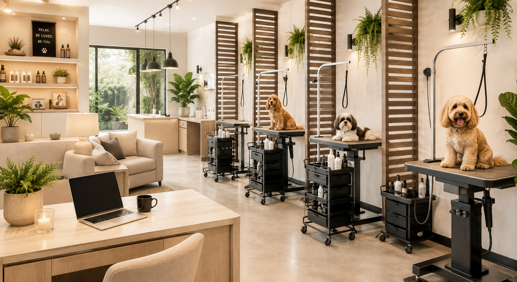 Dim, stylish pet grooming salon with several dogs on grooming tables under warm lights