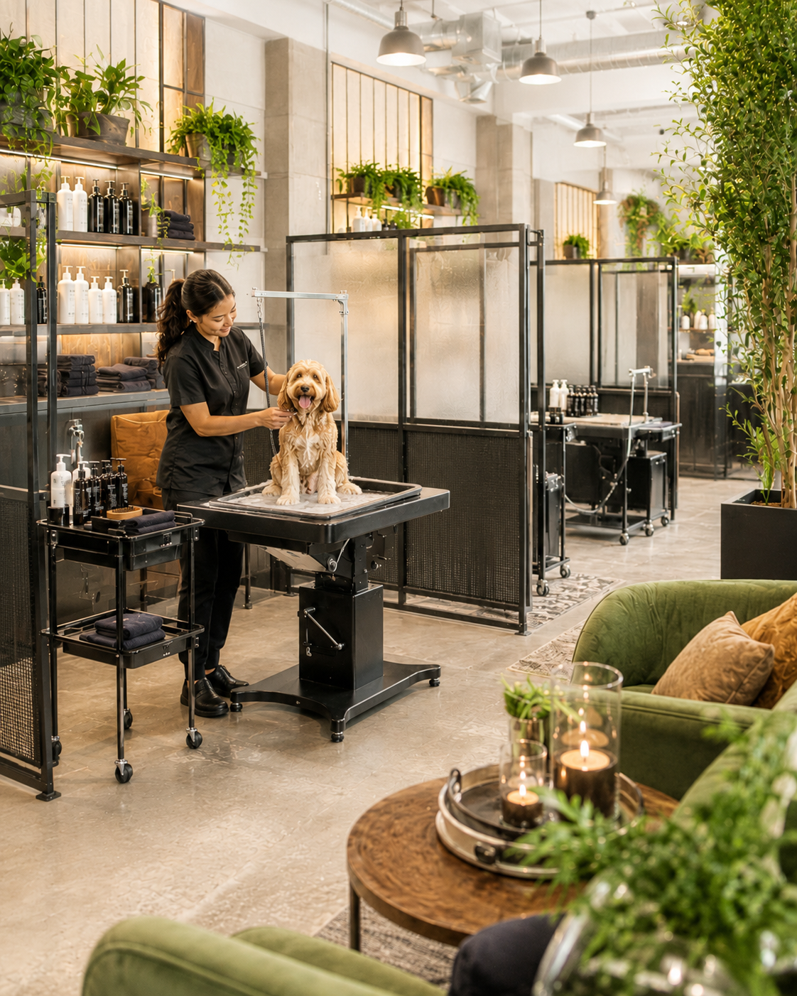 Groomer brushing a golden dog on a table in a warmly lit pet salon