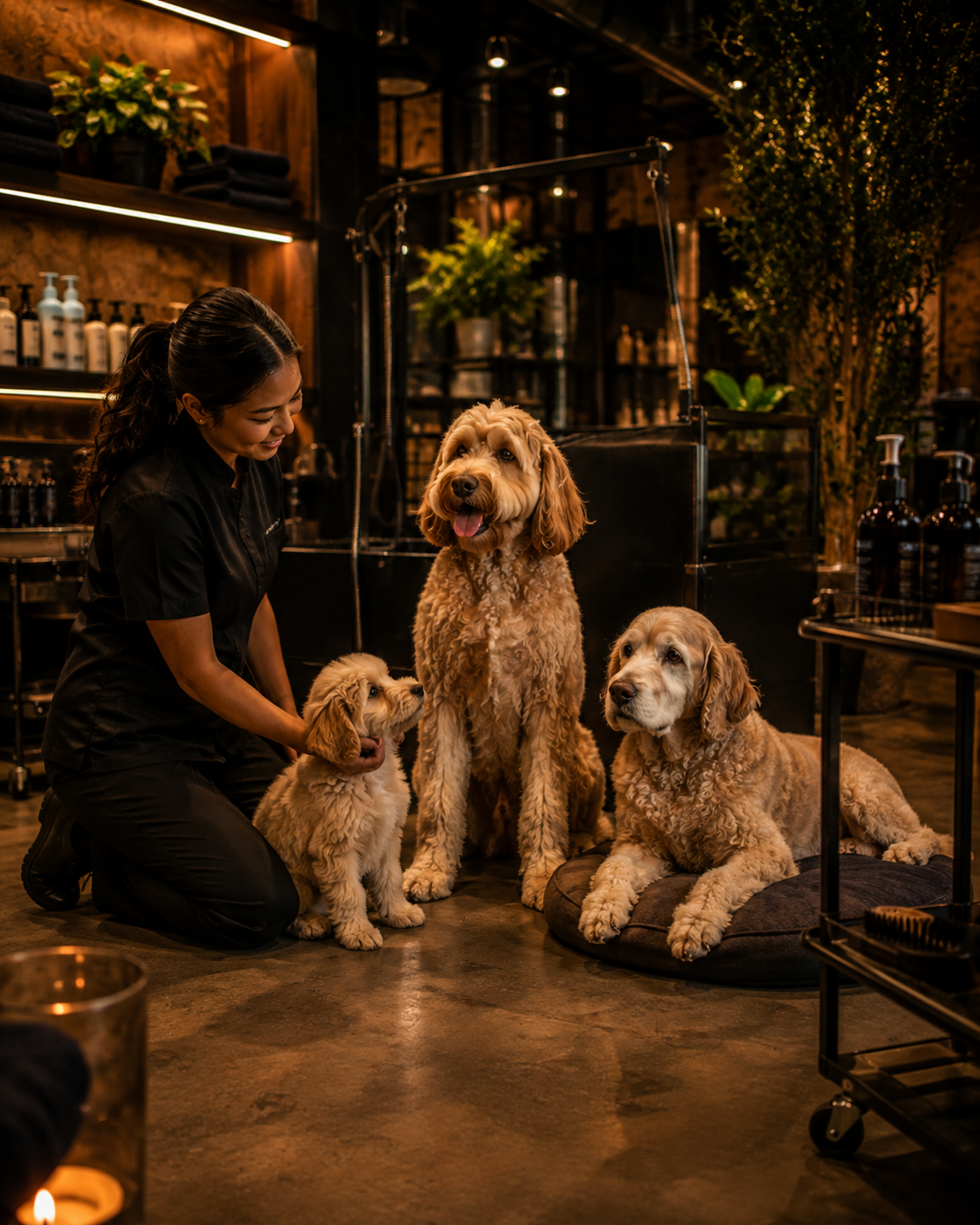 Three dogs sit with a groomer in a warmly lit pet salon, one standing and two resting nearby.