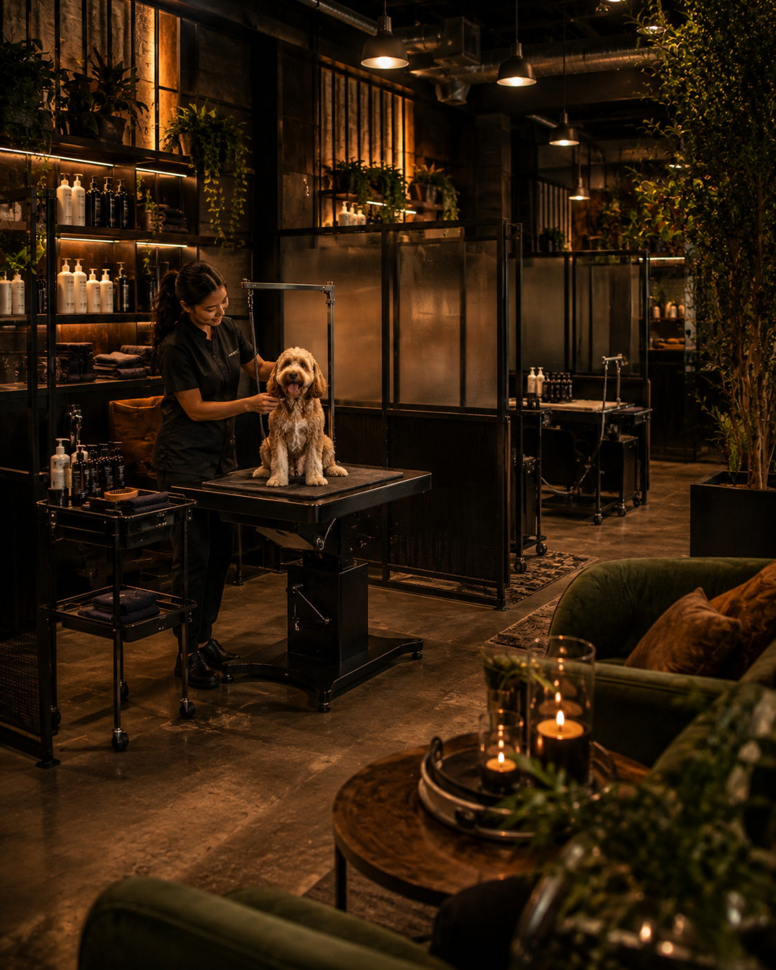 Dog on a table in a dimly lit, cozy café with warm lights and plants